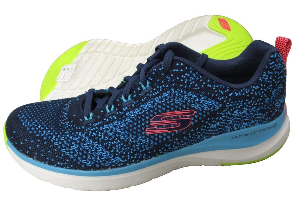 Skechers Ultra Groove Knit Blue Navy Lace Sneakers Shoes womens Sz 8